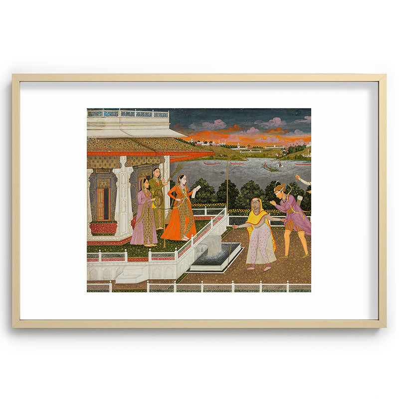 A blindfolded suitor is brought before a princess; verso/ scrolling floral vines 1755 Fayzullah Indian Miniature Painting  Framed Art Print