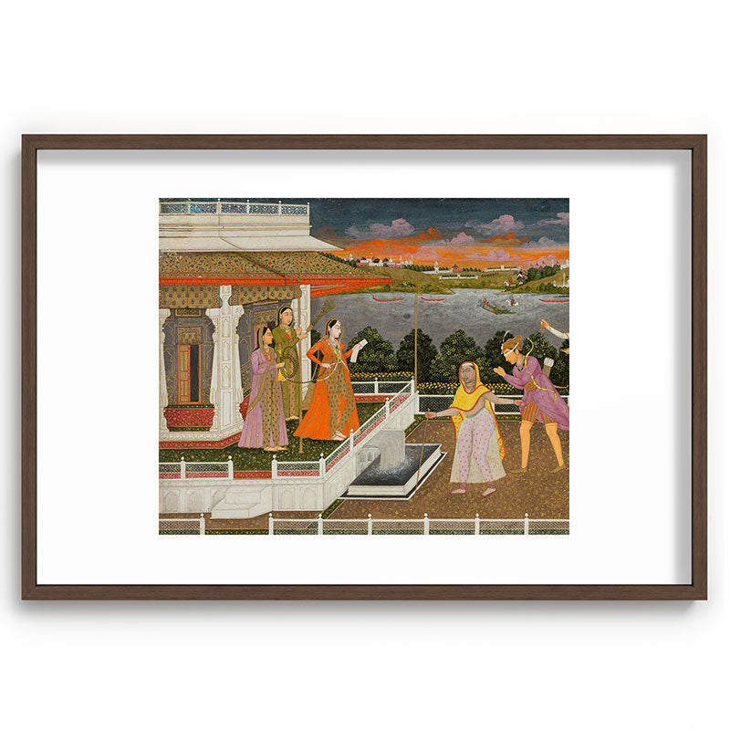 A blindfolded suitor is brought before a princess; verso/ scrolling floral vines 1755 Fayzullah Indian Miniature Painting  Framed Art Print