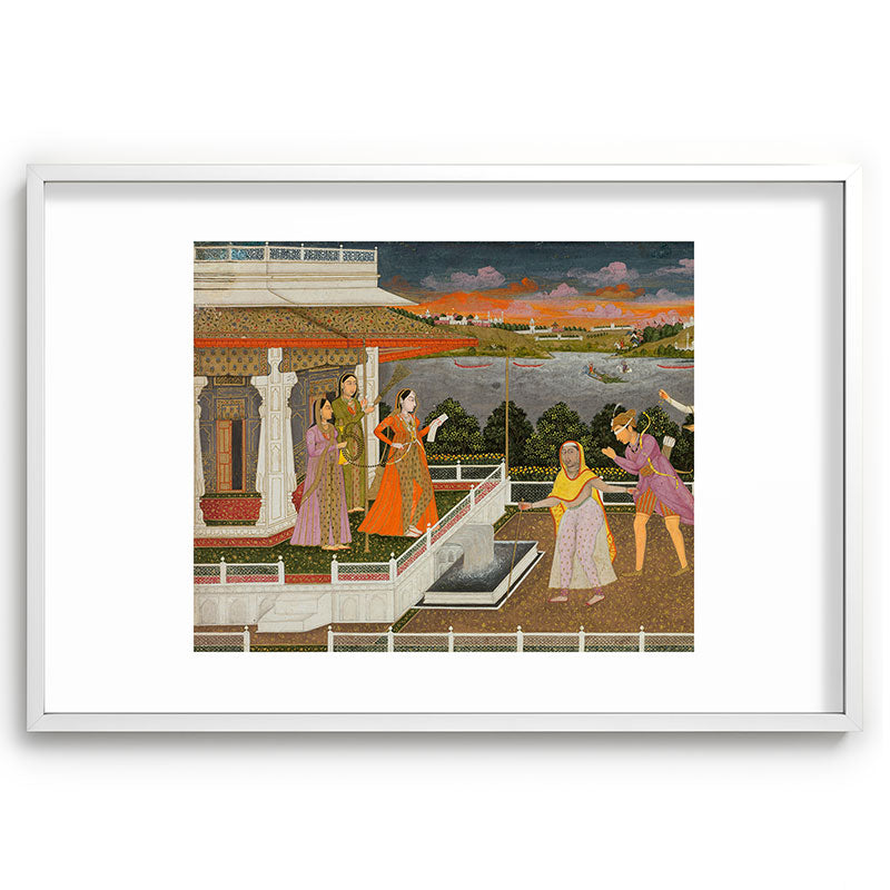 A blindfolded suitor is brought before a princess; verso/ scrolling floral vines 1755 Fayzullah Indian Miniature Painting  Framed Art Print