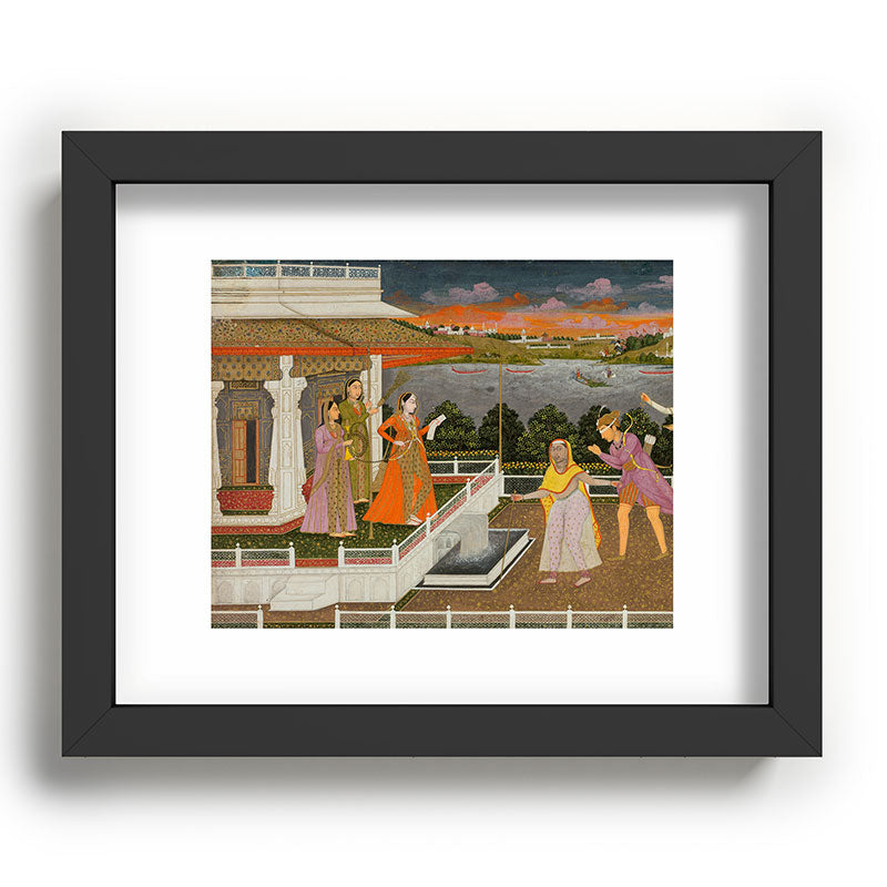 A blindfolded suitor is brought before a princess; verso/ scrolling floral vines 1755 Fayzullah Indian Miniature Painting  Framed Art Print