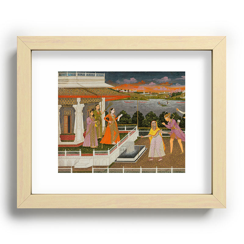 A blindfolded suitor is brought before a princess; verso/ scrolling floral vines 1755 Fayzullah Indian Miniature Painting  Framed Art Print