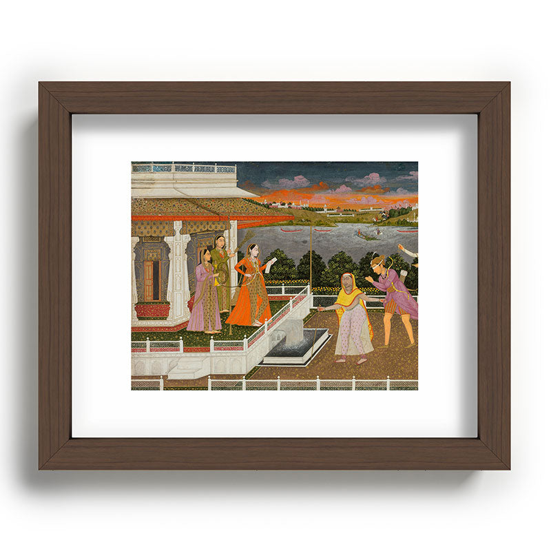 A blindfolded suitor is brought before a princess; verso/ scrolling floral vines 1755 Fayzullah Indian Miniature Painting  Framed Art Print