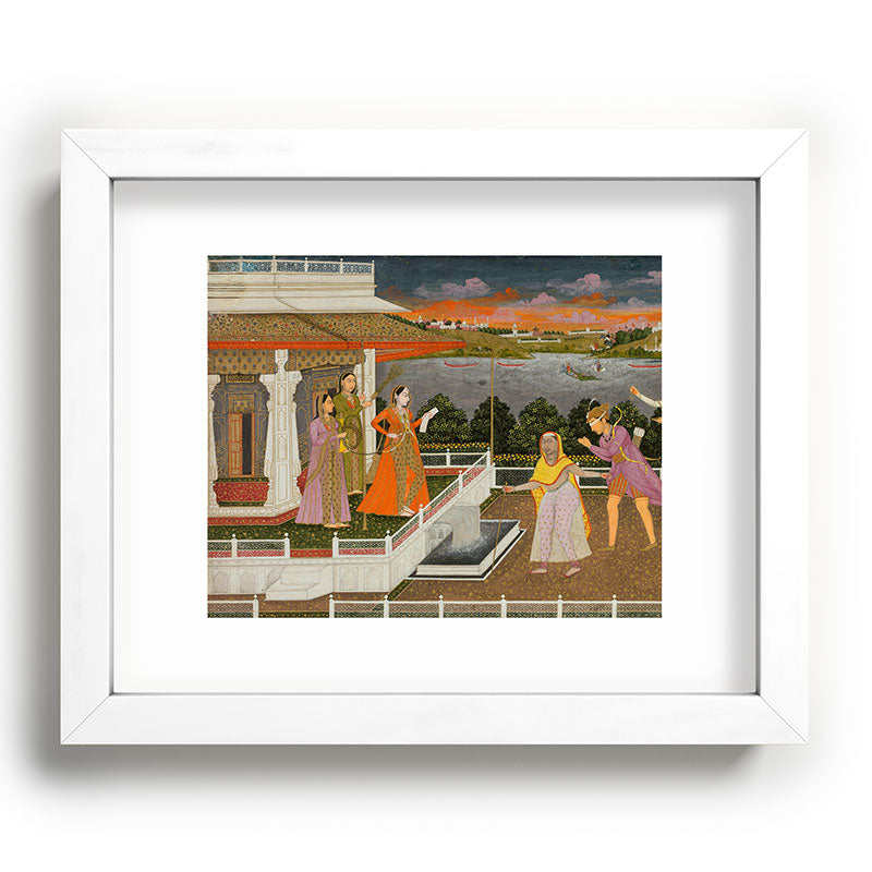 A blindfolded suitor is brought before a princess; verso/ scrolling floral vines 1755 Fayzullah Indian Miniature Painting  Framed Art Print