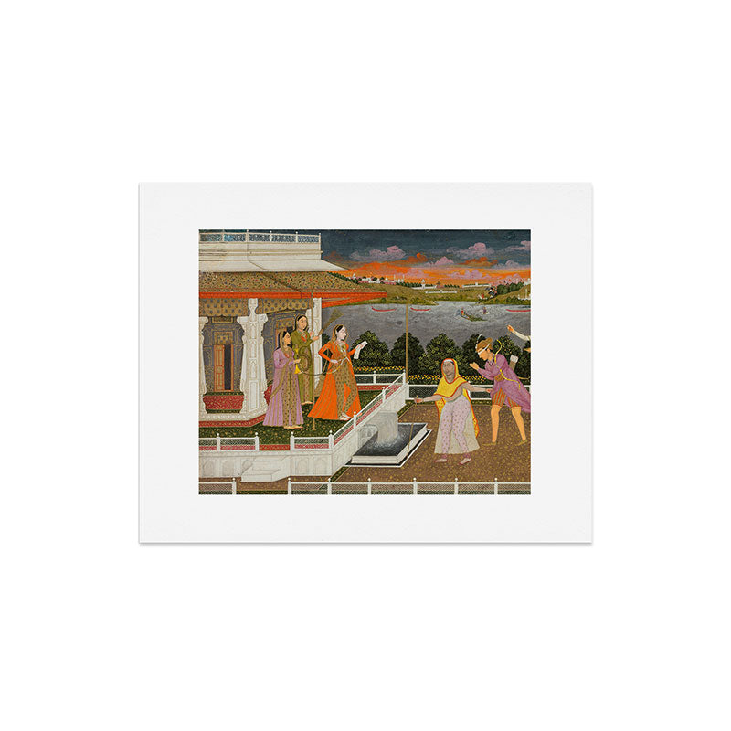 A blindfolded suitor is brought before a princess; verso/ scrolling floral vines 1755 Fayzullah Indian Miniature Painting  Art Print
