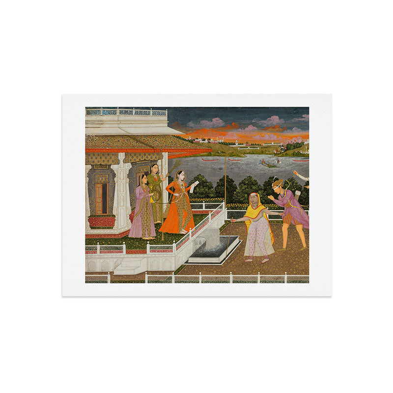 A blindfolded suitor is brought before a princess; verso/ scrolling floral vines 1755 Fayzullah Indian Miniature Painting  Art Print