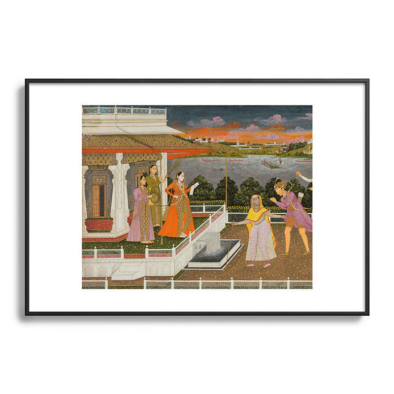 A blindfolded suitor is brought before a princess; verso/ scrolling floral vines 1755 Fayzullah Indian Miniature Painting  Framed Art Print