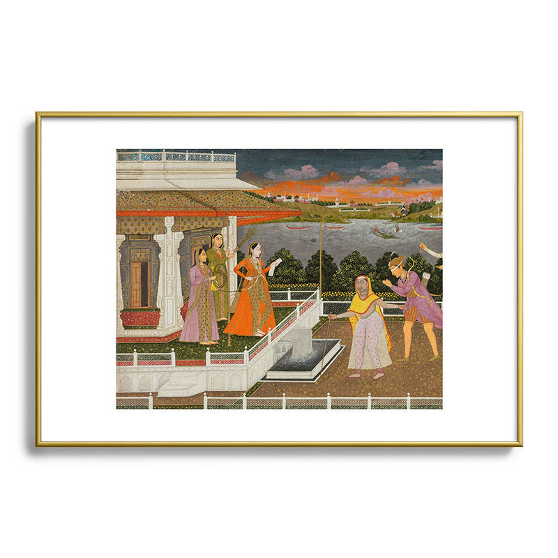 A blindfolded suitor is brought before a princess; verso/ scrolling floral vines 1755 Fayzullah Indian Miniature Painting  Framed Art Print