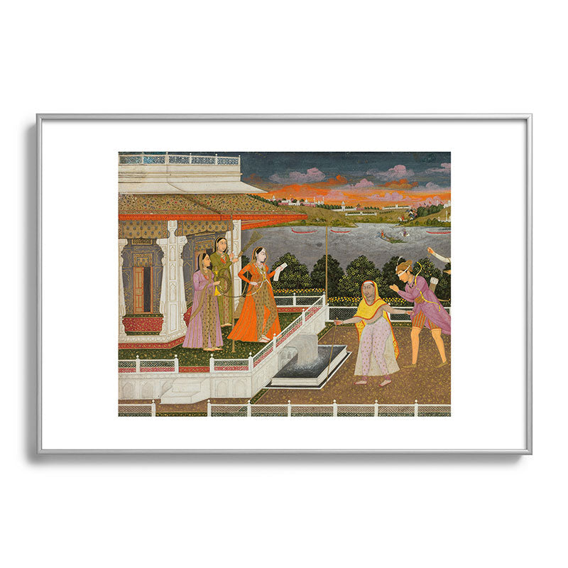A blindfolded suitor is brought before a princess; verso/ scrolling floral vines 1755 Fayzullah Indian Miniature Painting  Framed Art Print