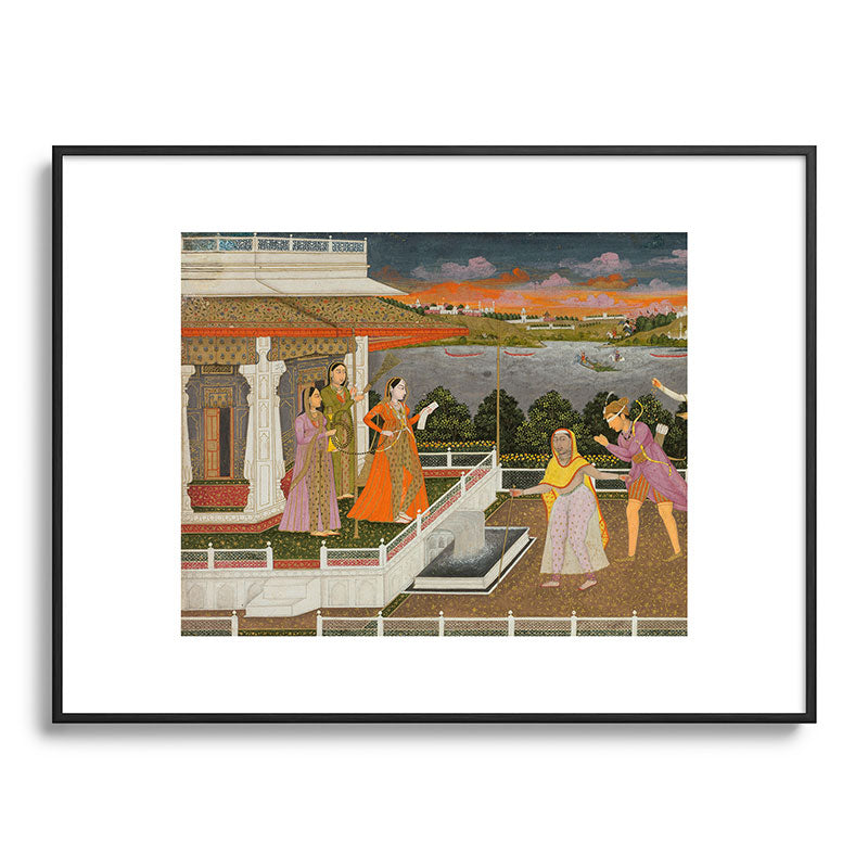 A blindfolded suitor is brought before a princess; verso/ scrolling floral vines 1755 Fayzullah Indian Miniature Painting  Framed Art Print