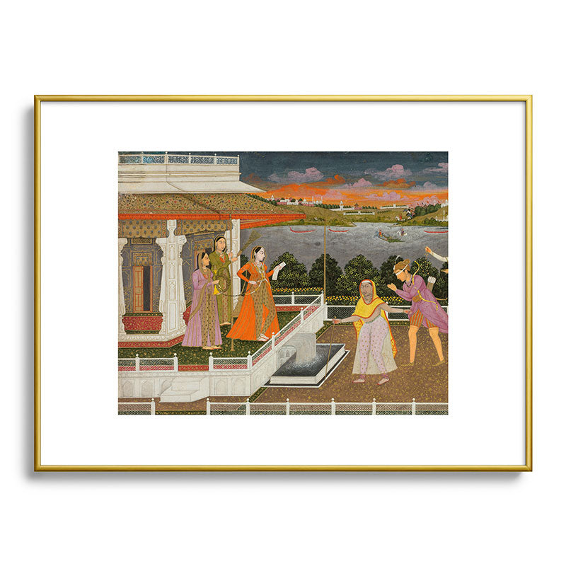 A blindfolded suitor is brought before a princess; verso/ scrolling floral vines 1755 Fayzullah Indian Miniature Painting  Framed Art Print