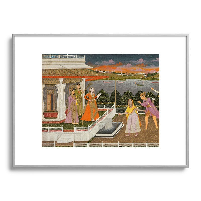 A blindfolded suitor is brought before a princess; verso/ scrolling floral vines 1755 Fayzullah Indian Miniature Painting  Framed Art Print