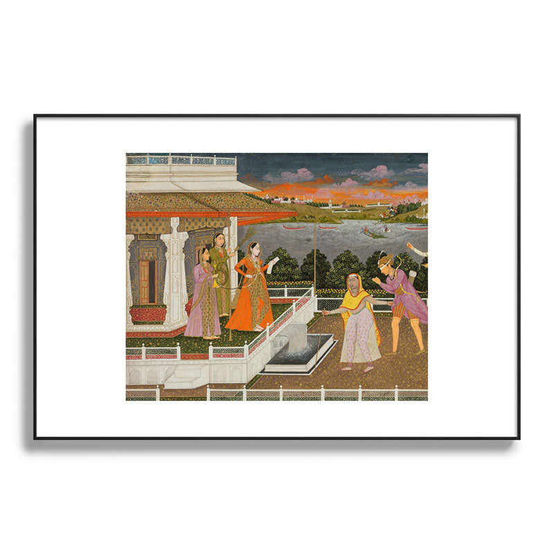 A blindfolded suitor is brought before a princess; verso/ scrolling floral vines 1755 Fayzullah Indian Miniature Painting  Framed Art Print