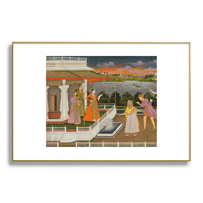 A blindfolded suitor is brought before a princess; verso/ scrolling floral vines 1755 Fayzullah Indian Miniature Painting  Framed Art Print