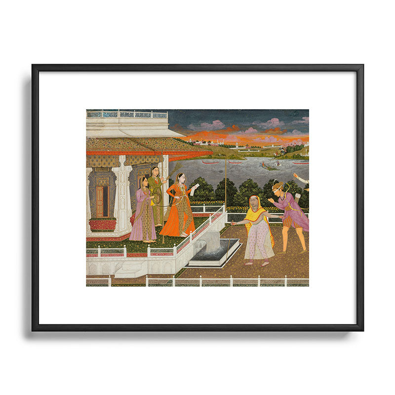 A blindfolded suitor is brought before a princess; verso/ scrolling floral vines 1755 Fayzullah Indian Miniature Painting  Framed Art Print
