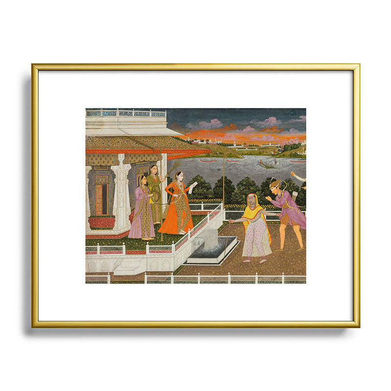 A blindfolded suitor is brought before a princess; verso/ scrolling floral vines 1755 Fayzullah Indian Miniature Painting  Framed Art Print
