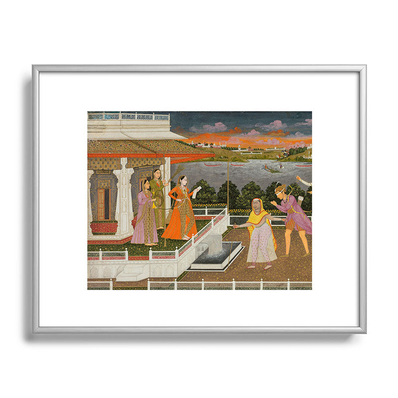A blindfolded suitor is brought before a princess; verso/ scrolling floral vines 1755 Fayzullah Indian Miniature Painting  Framed Art Print