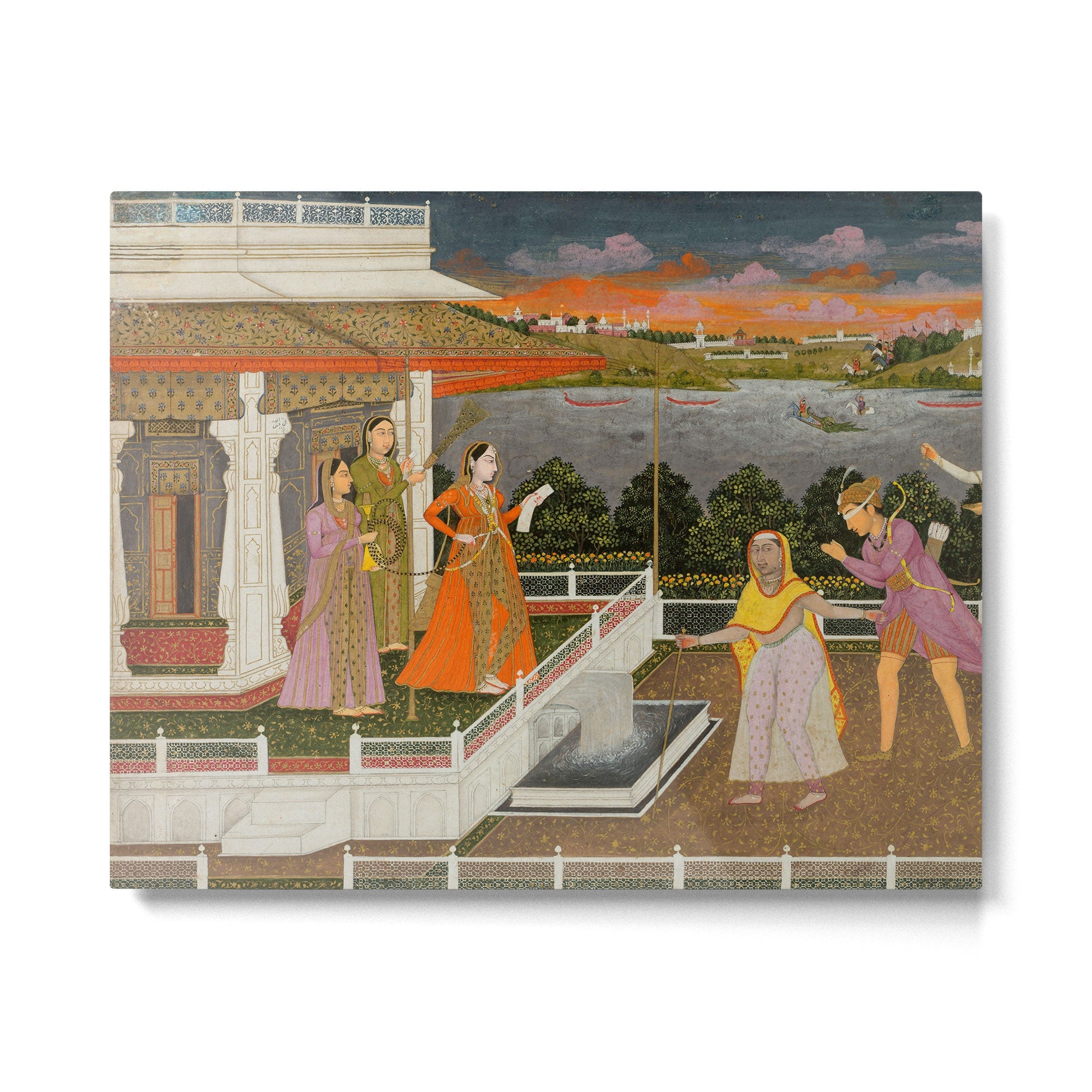 A blindfolded suitor is brought before a princess; verso/ scrolling floral vines 1755 Fayzullah Indian Miniature Painting  Metal Print