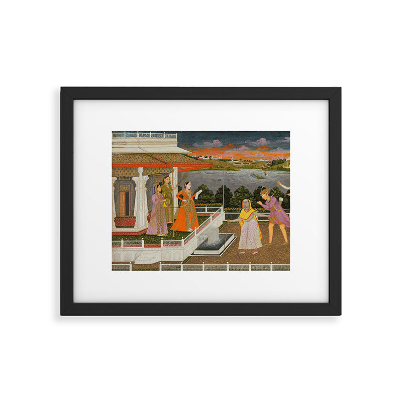 A blindfolded suitor is brought before a princess; verso/ scrolling floral vines 1755 Fayzullah Indian Miniature Painting  Framed Art Print