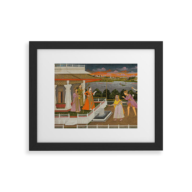 A blindfolded suitor is brought before a princess; verso/ scrolling floral vines 1755 Fayzullah Indian Miniature Painting  Framed Art Print