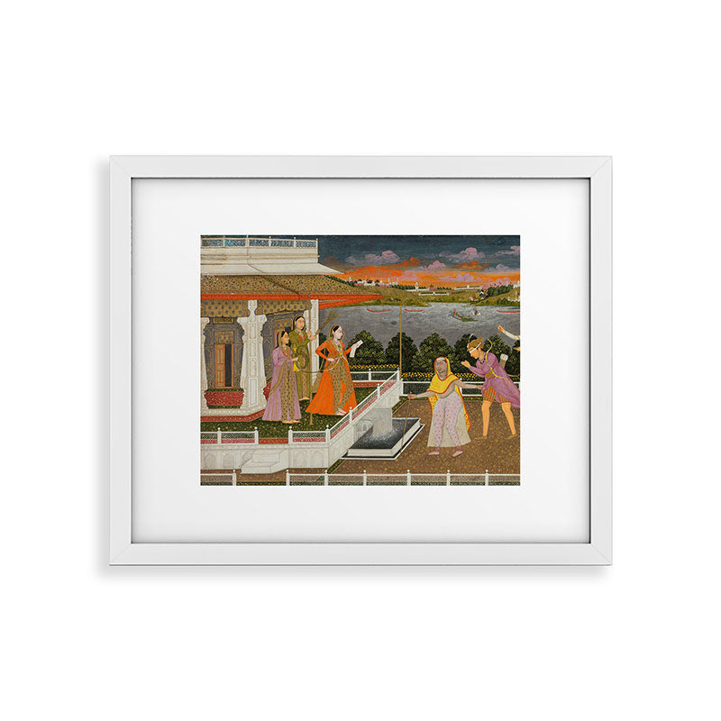 A blindfolded suitor is brought before a princess; verso/ scrolling floral vines 1755 Fayzullah Indian Miniature Painting  Framed Art Print
