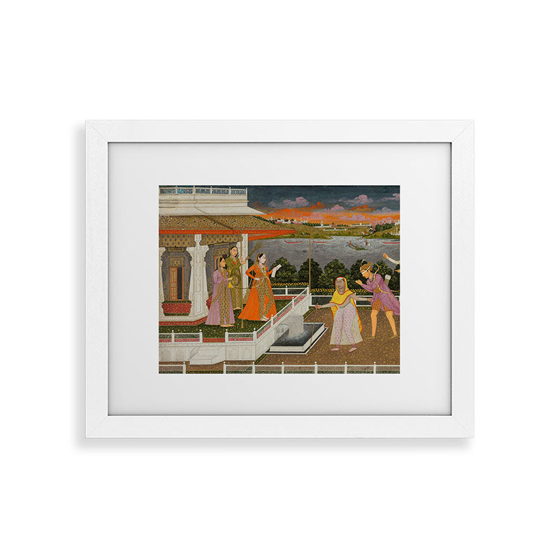 A blindfolded suitor is brought before a princess; verso/ scrolling floral vines 1755 Fayzullah Indian Miniature Painting  Framed Art Print