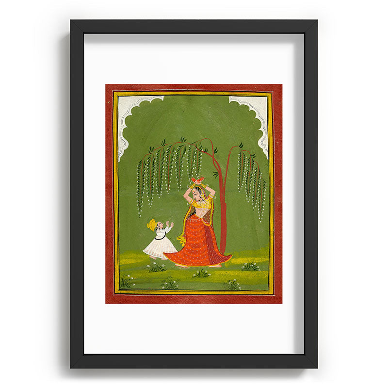 A female attendant is standing in tribhanga pose under a tree. A small child vies for her attention. Framed Art Print