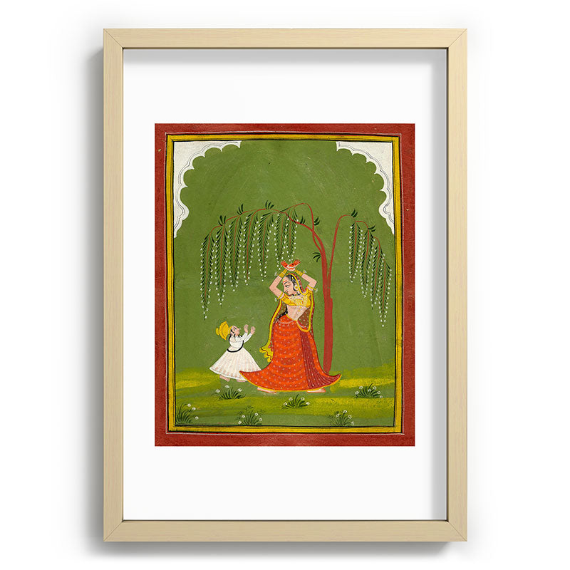 A female attendant is standing in tribhanga pose under a tree. A small child vies for her attention. Framed Art Print