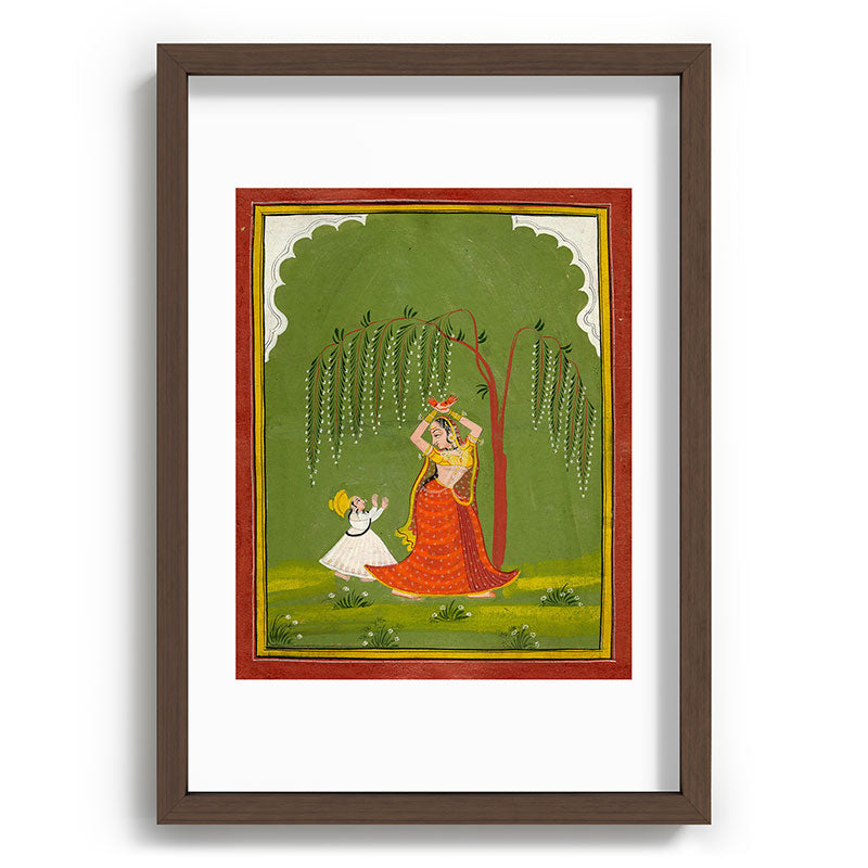 A female attendant is standing in tribhanga pose under a tree. A small child vies for her attention. Framed Art Print