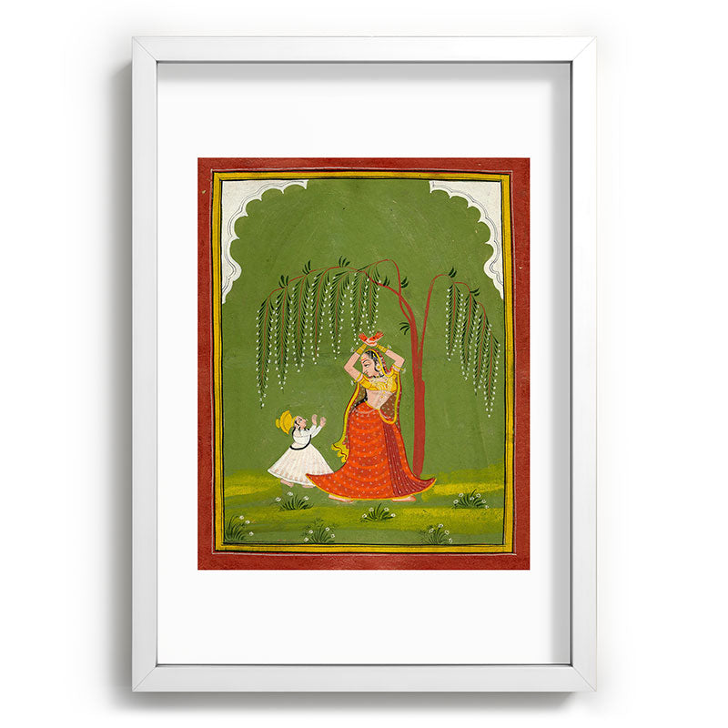 A female attendant is standing in tribhanga pose under a tree. A small child vies for her attention. Framed Art Print