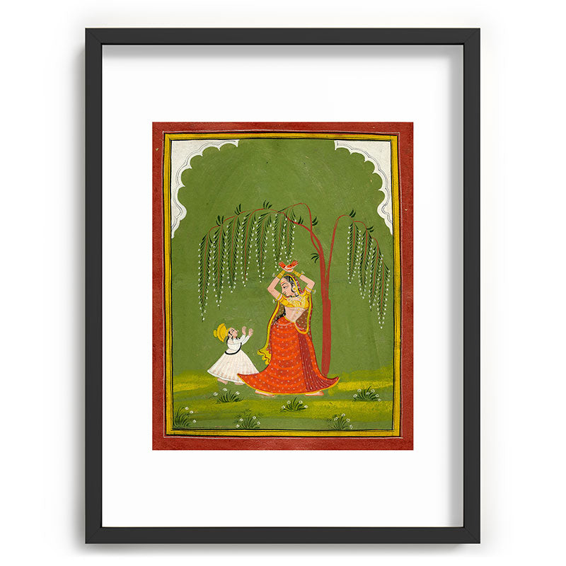 A female attendant is standing in tribhanga pose under a tree. A small child vies for her attention. Framed Art Print