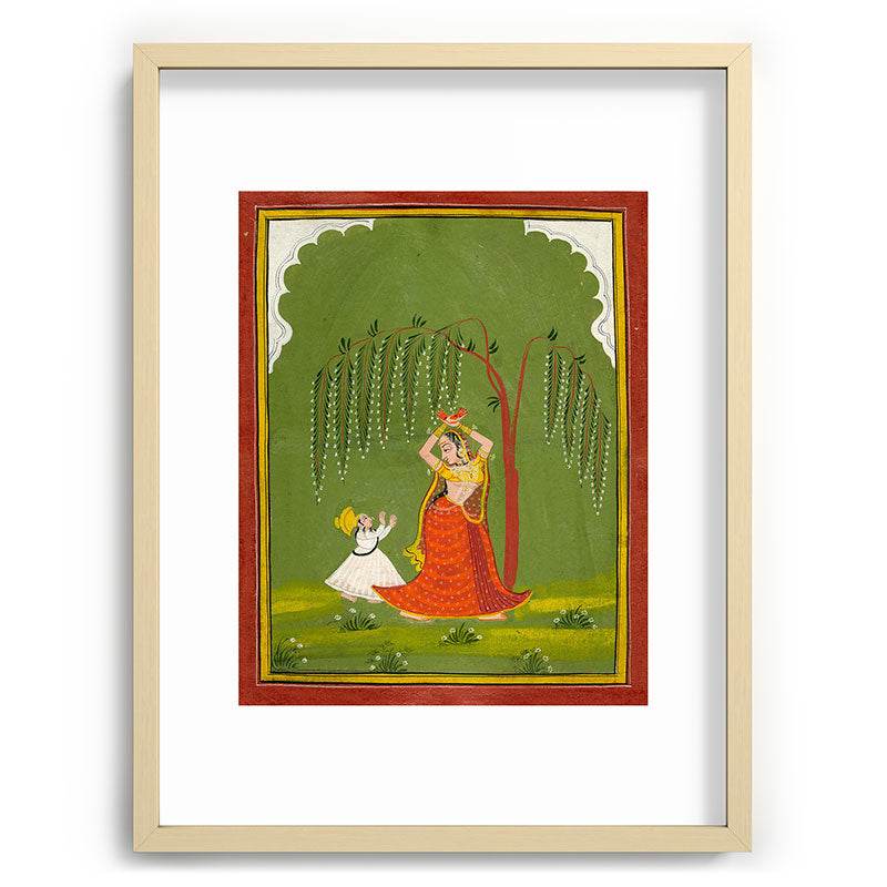 A female attendant is standing in tribhanga pose under a tree. A small child vies for her attention. Framed Art Print