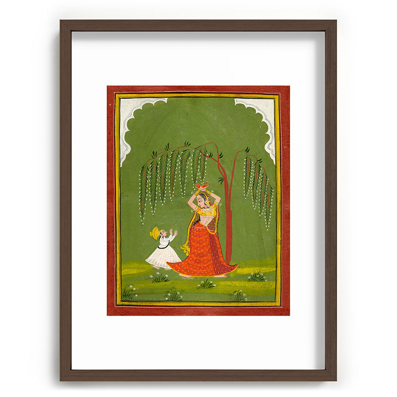 A female attendant is standing in tribhanga pose under a tree. A small child vies for her attention. Framed Art Print