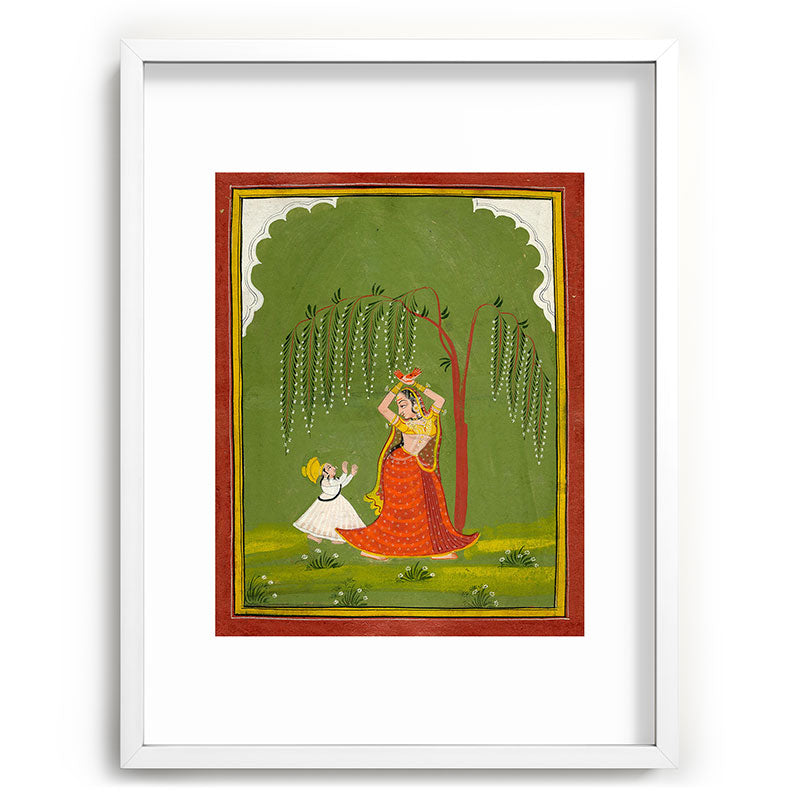 A female attendant is standing in tribhanga pose under a tree. A small child vies for her attention. Framed Art Print
