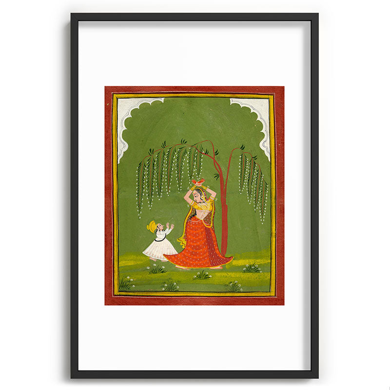 A female attendant is standing in tribhanga pose under a tree. A small child vies for her attention. Framed Art Print