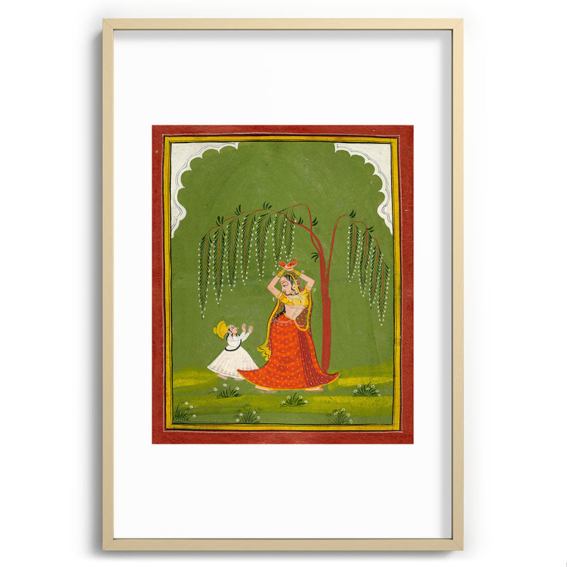 A female attendant is standing in tribhanga pose under a tree. A small child vies for her attention. Framed Art Print