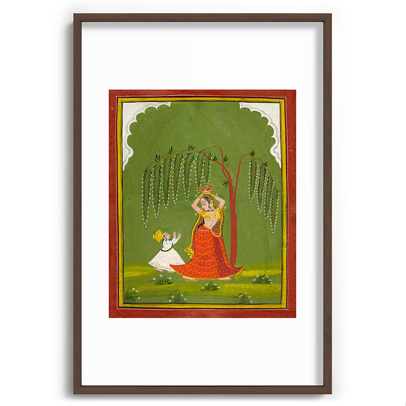 A female attendant is standing in tribhanga pose under a tree. A small child vies for her attention. Framed Art Print