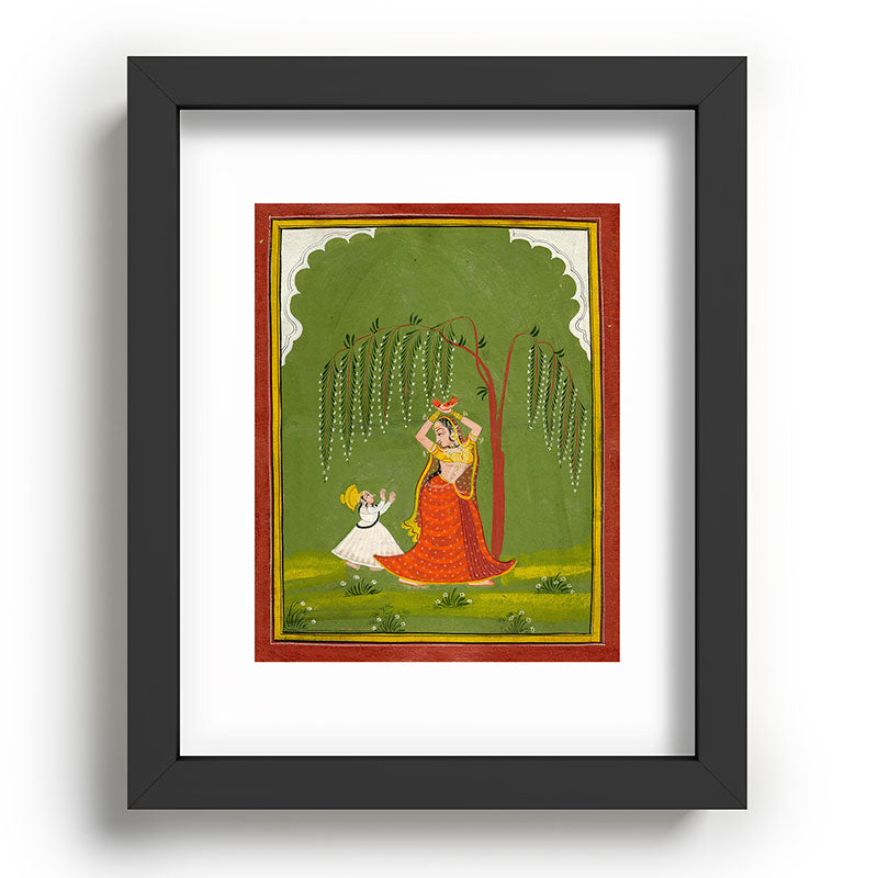 A female attendant is standing in tribhanga pose under a tree. A small child vies for her attention. Framed Art Print