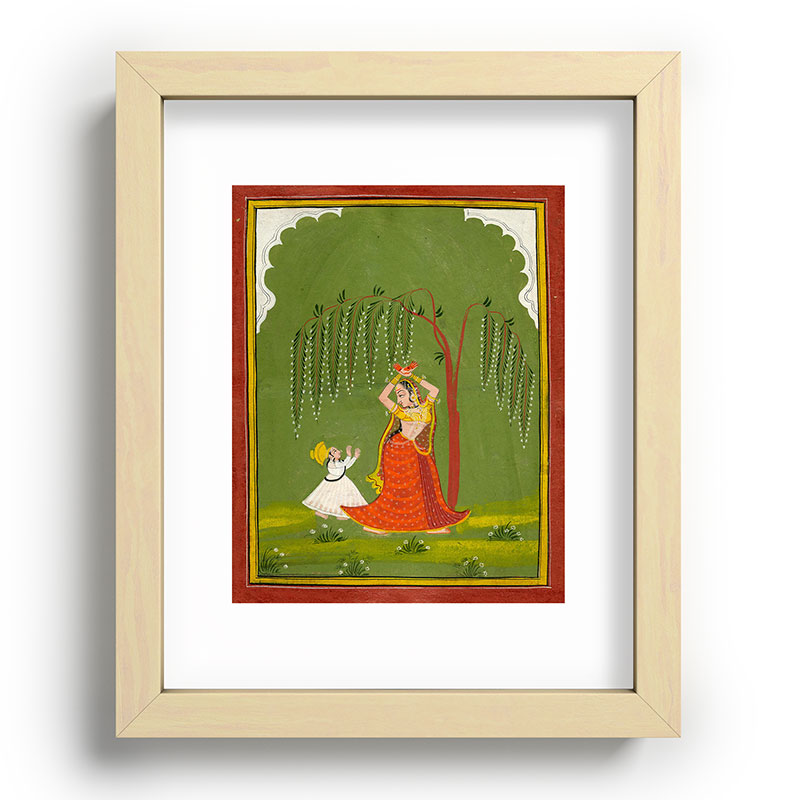A female attendant is standing in tribhanga pose under a tree. A small child vies for her attention. Framed Art Print