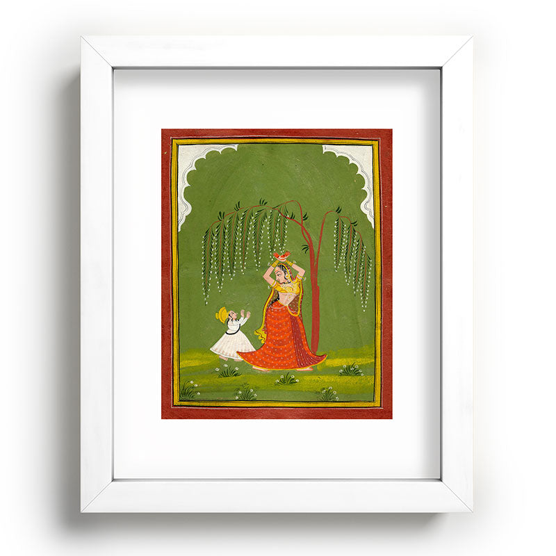 A female attendant is standing in tribhanga pose under a tree. A small child vies for her attention. Framed Art Print