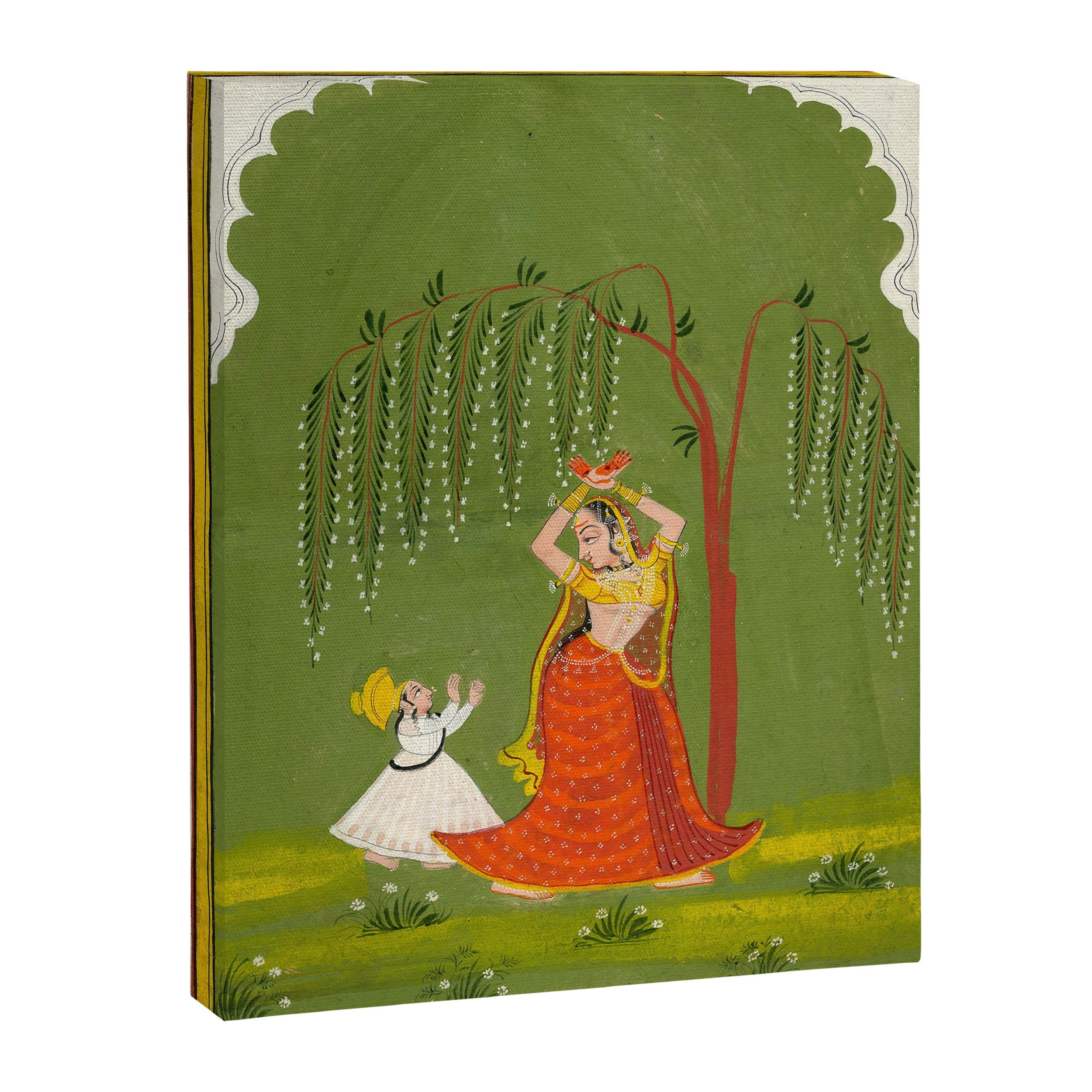 A female attendant is standing in tribhanga pose under a tree. A small child vies for her attention. Canvas Print