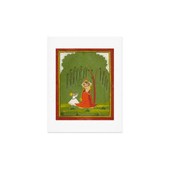 A female attendant is standing in tribhanga pose under a tree. A small child vies for her attention. Art Print