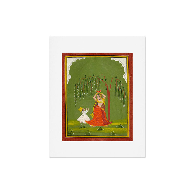 A female attendant is standing in tribhanga pose under a tree. A small child vies for her attention. Art Print