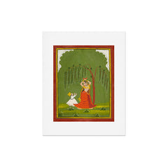 A female attendant is standing in tribhanga pose under a tree. A small child vies for her attention. Art Print