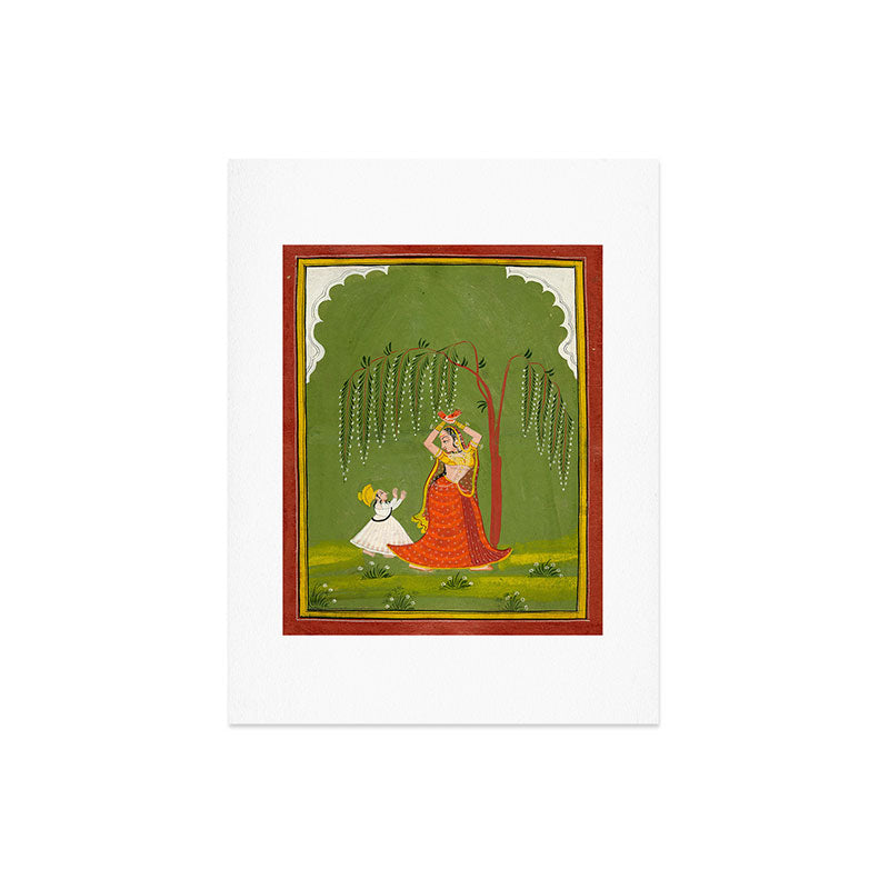 A female attendant is standing in tribhanga pose under a tree. A small child vies for her attention. Art Print