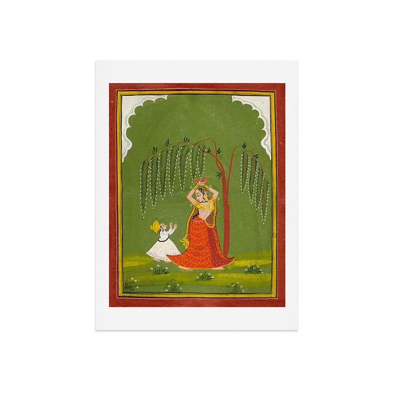 A female attendant is standing in tribhanga pose under a tree. A small child vies for her attention. Art Print