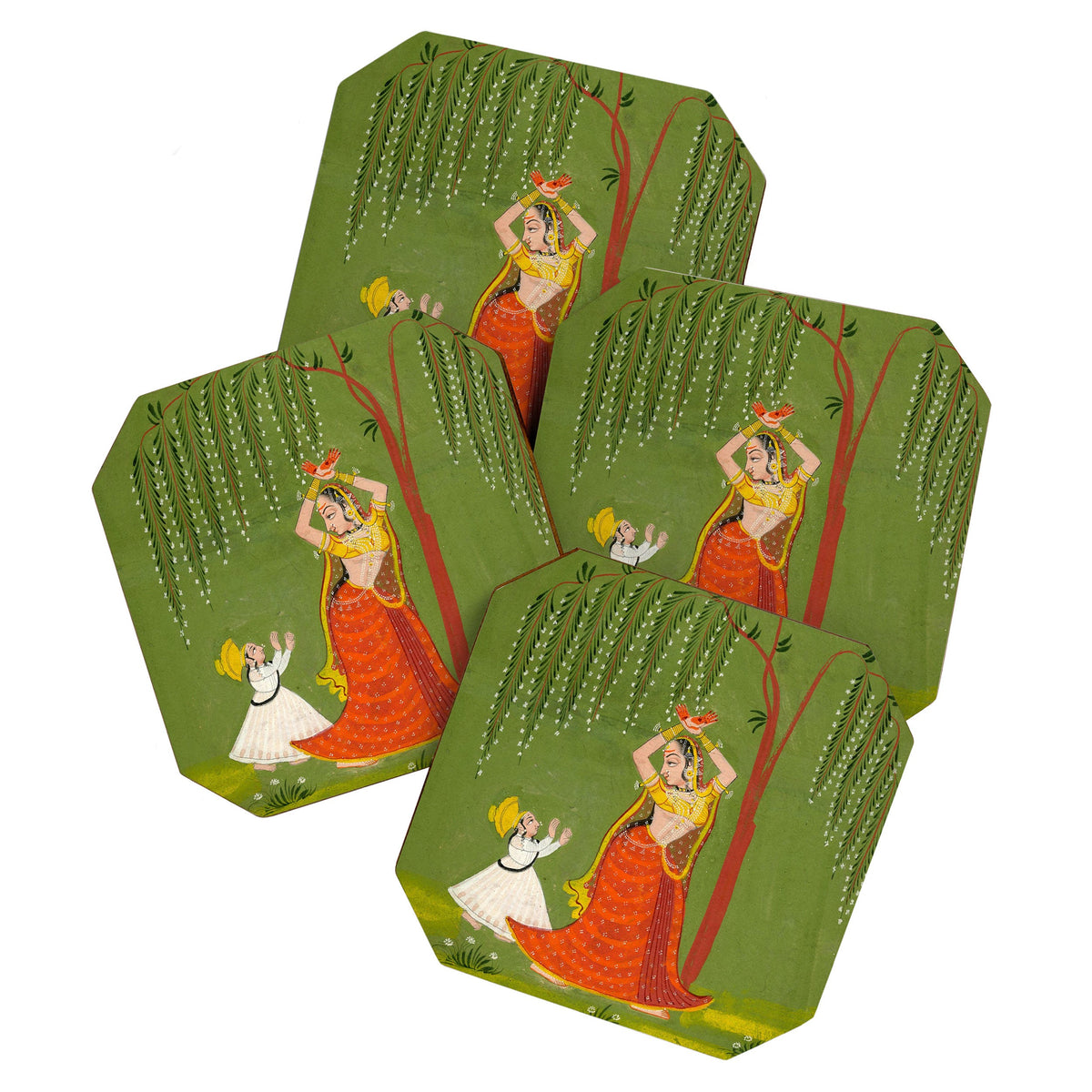 A female attendant is standing in tribhanga pose under a tree. A small child vies for her attention. Coaster