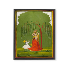 A female attendant is standing in tribhanga pose under a tree. A small child vies for her attention. Framed Canvas Print