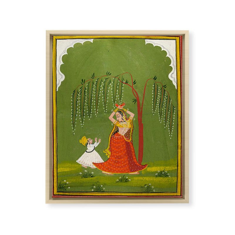 A female attendant is standing in tribhanga pose under a tree. A small child vies for her attention. Framed Canvas Print