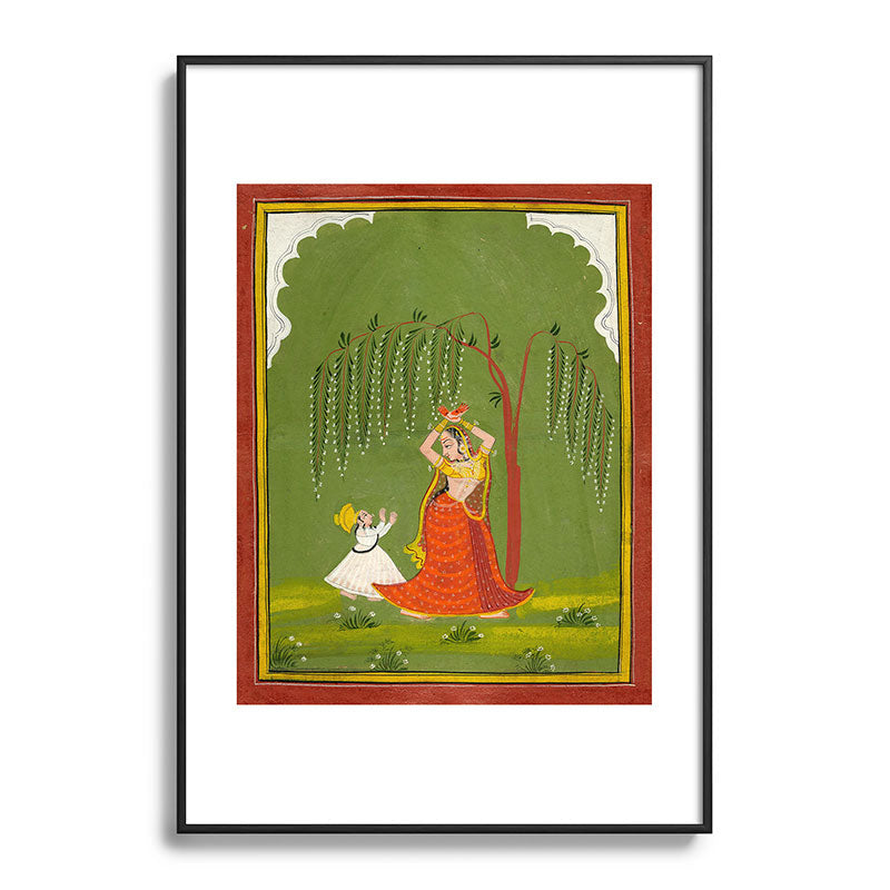 A female attendant is standing in tribhanga pose under a tree. A small child vies for her attention. Framed Art Print