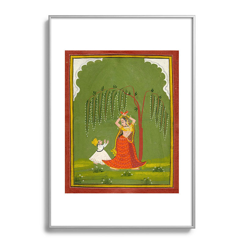A female attendant is standing in tribhanga pose under a tree. A small child vies for her attention. Framed Art Print